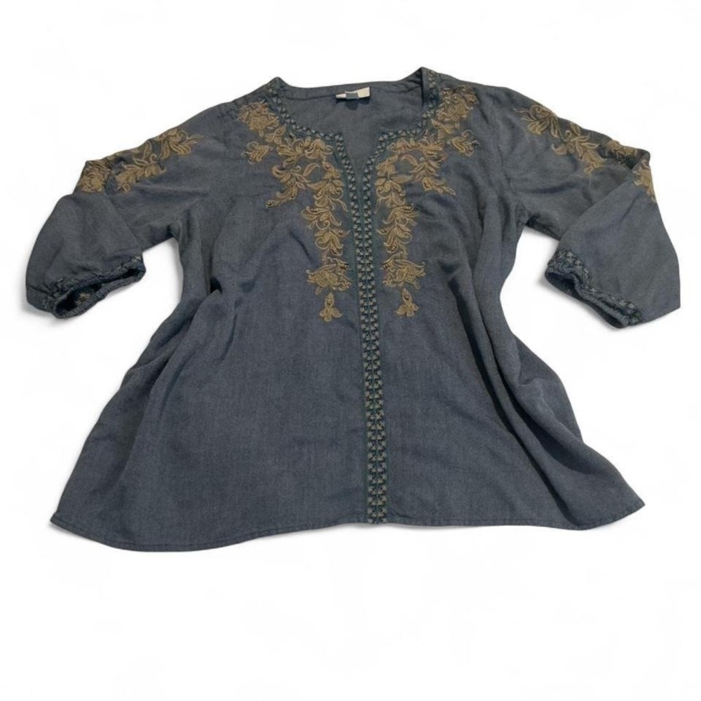 J.Jill Embroidered Tunic Top Blue 3/4 Sleeve V-Neck Women's M